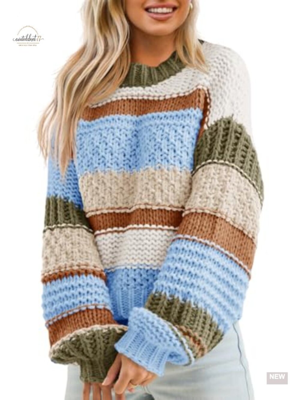 Chunky Knit Striped Cropped Sweater Crew Neck Long Sleeve Pullover
